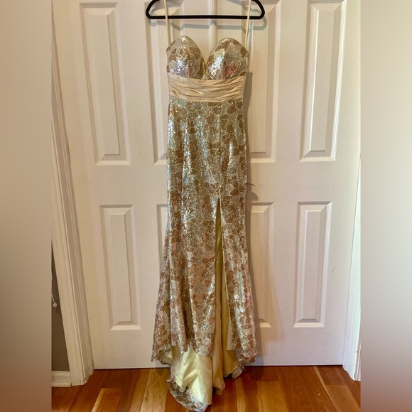 Gold & Silver Sequin Floor Length Sweetheart Strapless Prom Dress Evening Gown - Picture 2 of 13